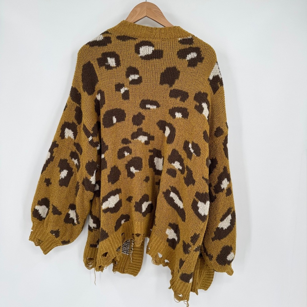 A Beautiful Soul Yellow/Brown Leopard Print Chunky  Distressed Sweater Cardigan - Picture 7 of 12